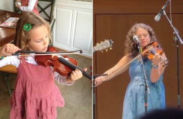 Collage of Katherine Thomas playing the violin when she was young up against now.