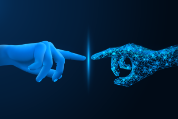 Two glowing blue hands reaching toward each other on a dark background.