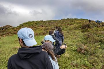 A group of students walking up a grassy hill.