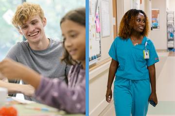 Austin Roebuck helping a child with a sewing craft; and Makeda Endalkachew walking the hallways of UNC Hospitals.