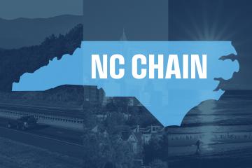 outline of North Carolina with the letters "NC CHAIN" overlayed. 