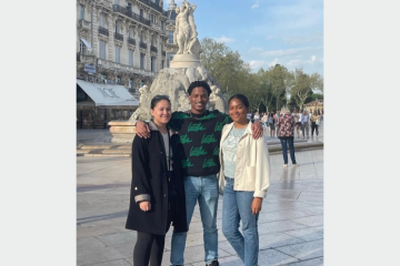 Gabrielle Walton and her siblings in the Place de la Com&eacute;die in Montpellier, France.