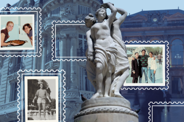 Photo collage of the Place de la Com&eacute;die in Montpellier, France, and Julia McDermott, Rebecca Earley, Carol Huber, and Gabrielle Walton.
