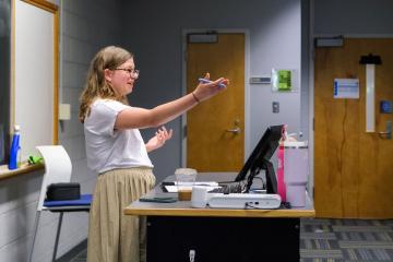 Professor Rita Koganzon teaches a course.