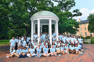 Students pose in front of the Old Well.
