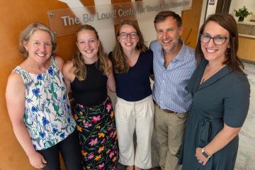 Five individuals posing in front of sign reading "The Be Loud! Center for Young Adult Cancer Care."