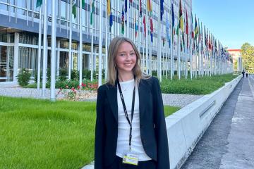 Annabelle Gallinek stands outside the World Health Education headquarters