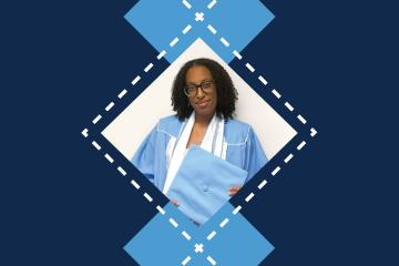 Portrait of Addie Afeworki in her cap and gown dropped into Carolina argyle graphic.