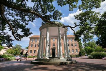 Old Well in the daytime, with South Building framed behind and 2 students walking by