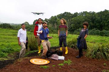 Francisco Laso and his fellow researchers launch a drone on the Galapagos Islands.
