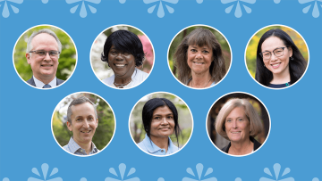Massey Award winners 2024 portraits on a blue backgroud: Linc Butler; Khin Su Su Kyi; Robin Lee; Summer Montgomery; Desir&eacute;e Rieckenberg; Nicholas Siedentop