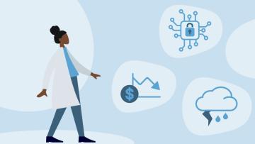 Illustration representing the new Institute for Risk Management and Insurance Innovation, which will accelerate research on extreme weather and cybersecurity, featuring illustrations of a woman walking and icons representing markets, cybersecurity and weather