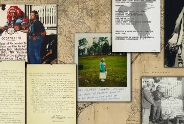 Photographs and papers from the John Hayles Blackfeather Jeffries Collection on Occaneechi Band of the Saponi Nation, 1950-2017. (Digital collage/performance design by Miranda Miller.) 