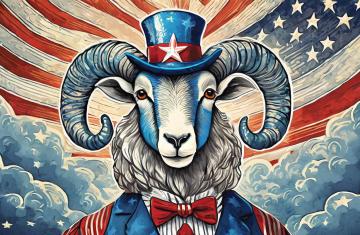 AI-generated image of Rameses wearing a red, white and blue outfit and hat, in front of a stylized American flag