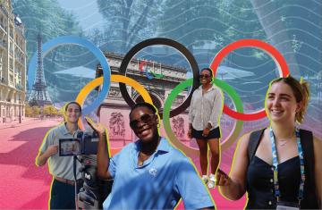A collage showing the Olympic rings and four students with Parisian icons