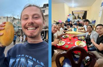 Collage with Blackburn smiling and holding produce on the left and people congregating around a dinner table on the right.