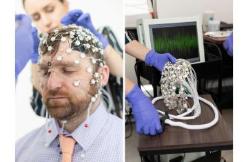 A two-image collage showing a man wearing the tACS headgear on the left and hands holding the tACS gear next to a computer monitor on the right.