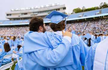 The back of two Carolina graduates with their arms around each other.