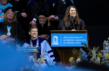 Commencement speaker, Mia Hamm, addressing Carolina graduates