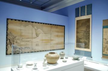 Several examples of paintings and ceramic objects from the Ackland's Asain art collection.