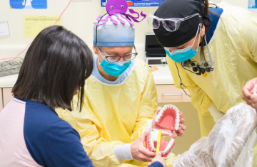 Dental instructors point to model of mouth while talking to patient