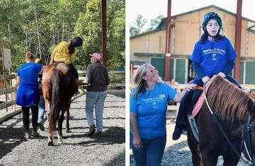 Makenzie leaning while horseback riding prior to undergoing treatment versus sitting upright during treatment.