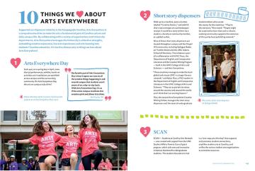 Image of a magazine spread titled 10 Things We Love about Arts Everywhere with illustrations and photographs showing the arts on campus at UNC-Chapel Hill