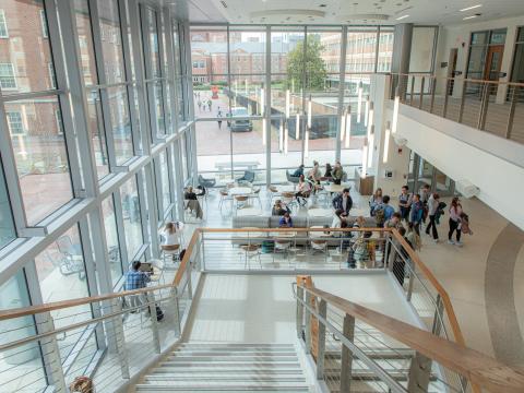 Looking down into the lobby of Roper Hall in the UNC School of Medicine