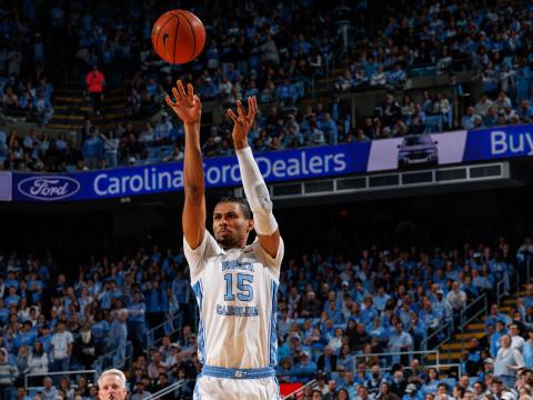 Jarin Stevenson shooting a basketball in a UNC men's basketball game