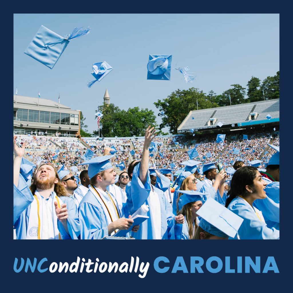 UNConditionally Carolina logo on a frame surrounding students at graduation throwing their caps into the air